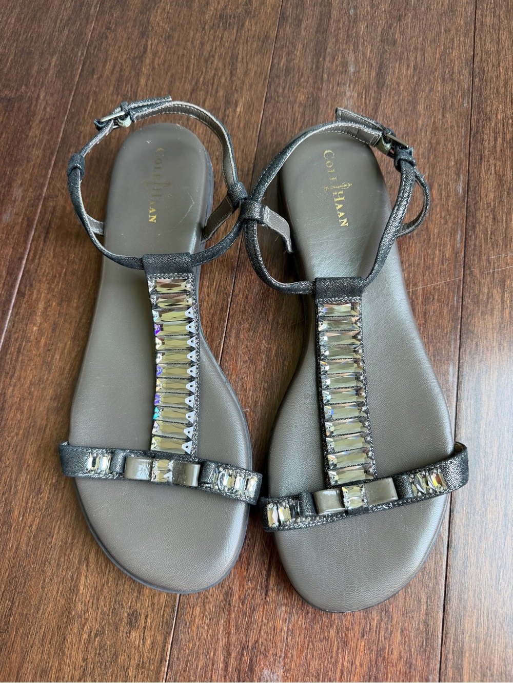 Cole Haan Gunmetal T-Strap Jeweled Sandals - Women's